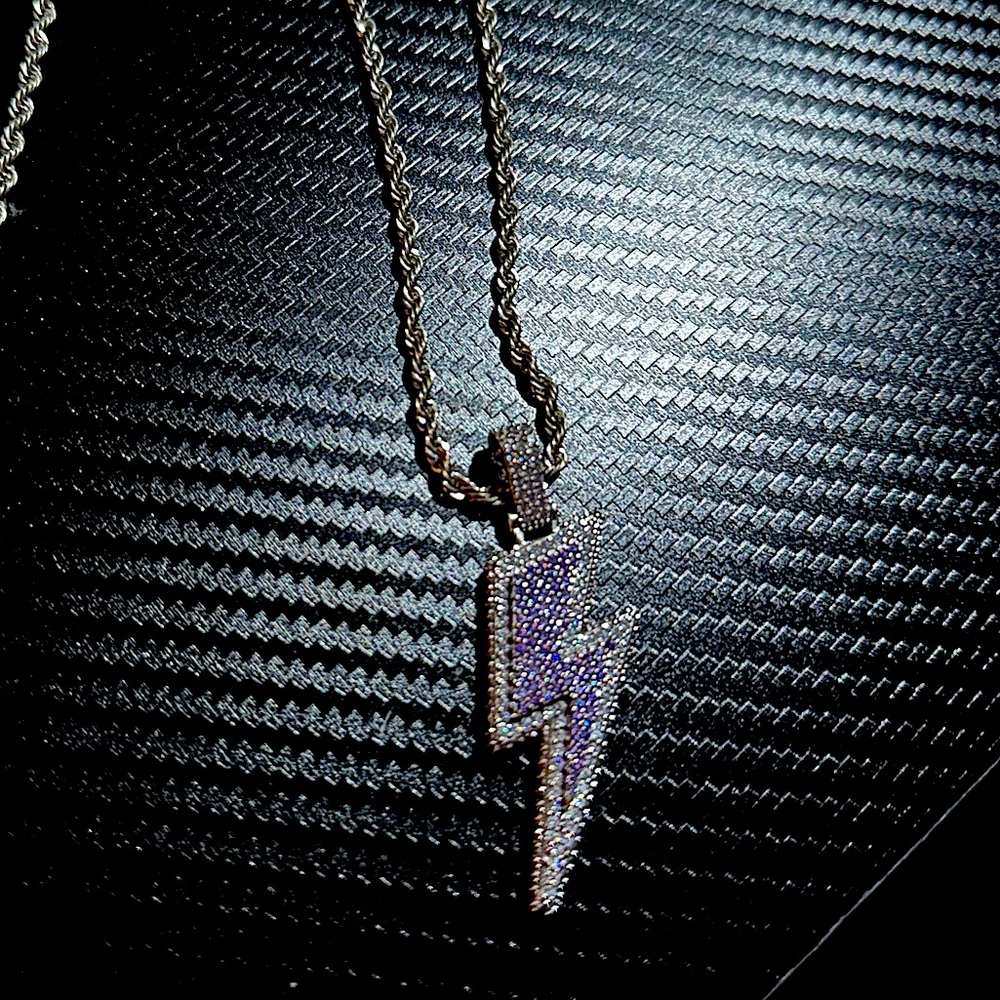 Cernucci Iced Lightning Bolt Necklace- White Gold, 24IN Chain